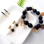 Set de Pulsera y Aretes Acero de Titanio con Piedra Negra